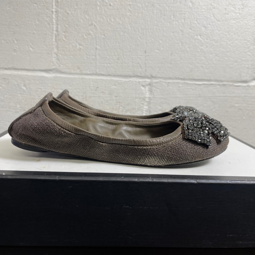 Tory Burch Eddie‎ Brown Leather Crystal Bow Ballet Flat Shoes Women's 6.5 M